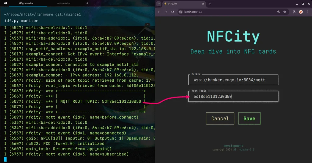 Screenshot with arrow explaining how to pair NFCity web app with Firmware with generated random MQTT topic.