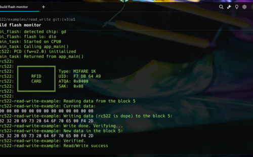 MFRC522 Read Write example output shown in Terminal
