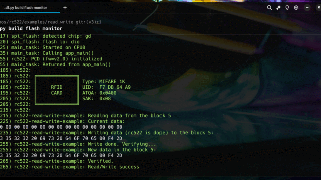 MFRC522 Read Write example output shown in Terminal